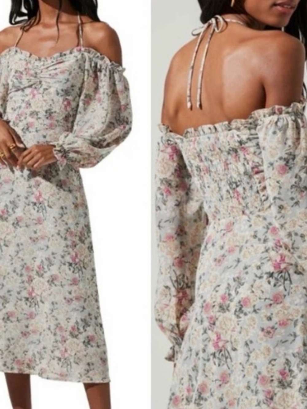 Astr Floral Off-Shoulder Midi Dress in Cream and Pink